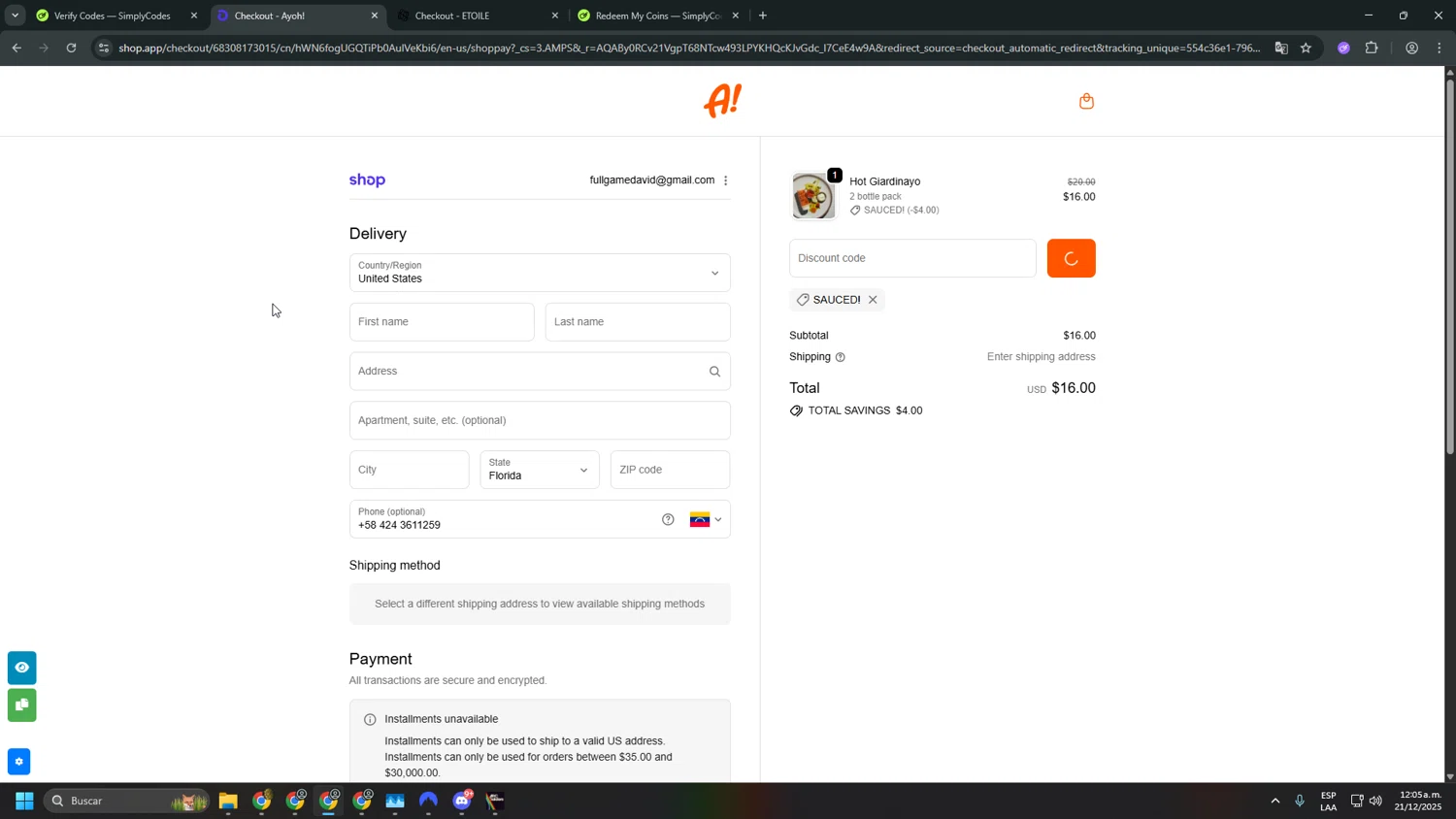 Ayoh! discount code screenshot showing code SAUCED! applied at Ayoh! checkout page. Uploaded by SimplyCodes community member asdasdasd on Dec 21, 2025