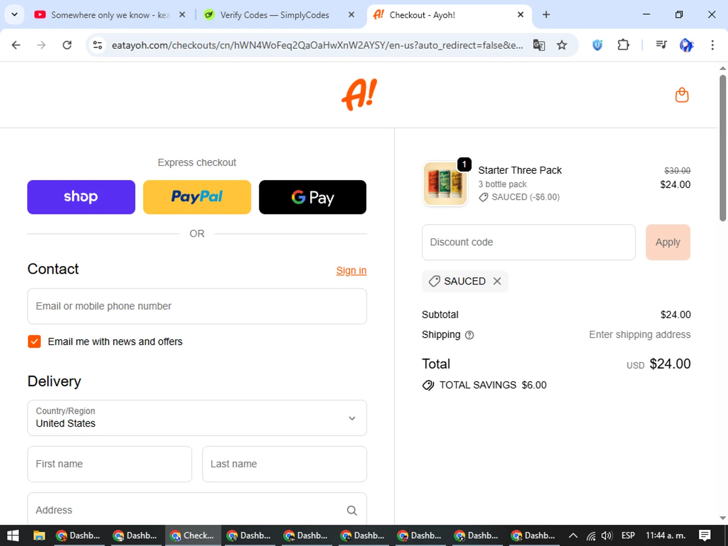 Ayoh! discount code screenshot showing code SAUCED applied at Ayoh! checkout page. Uploaded by SimplyCodes community member WiseHunter8213 on Oct 25, 2025
