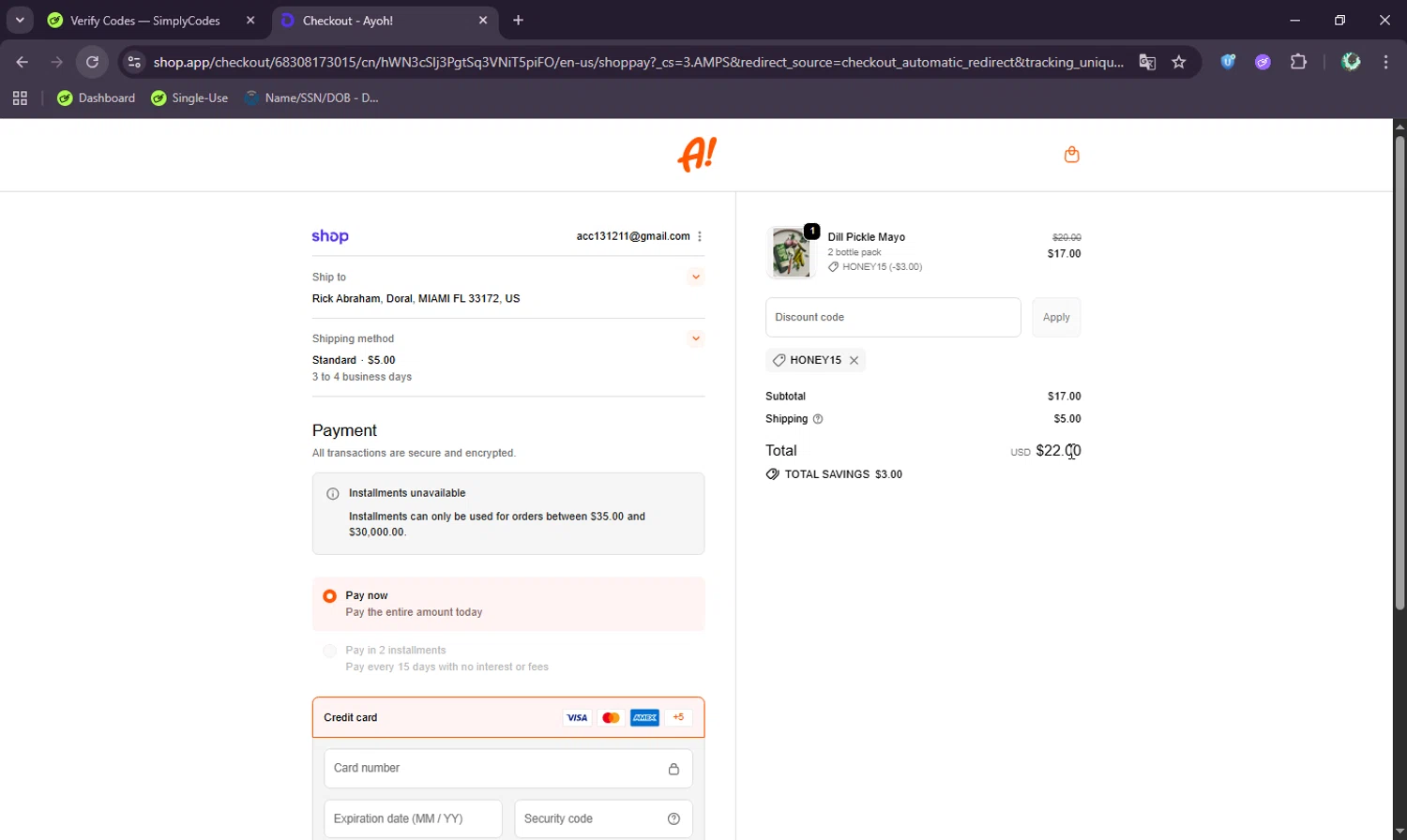 Ayoh! discount code screenshot showing code HONEY15 applied at Ayoh! checkout page. Uploaded by SimplyCodes community member BudgetWizard6950 on Oct 1, 2025