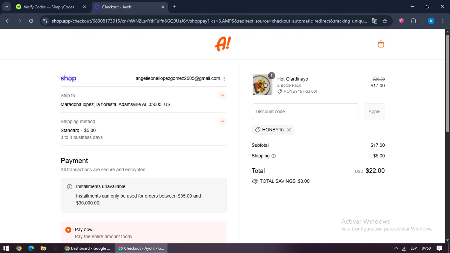 Ayoh! discount code screenshot showing code HONEY15 applied at Ayoh! checkout page. Uploaded by SimplyCodes community member bilijr on Aug 29, 2025