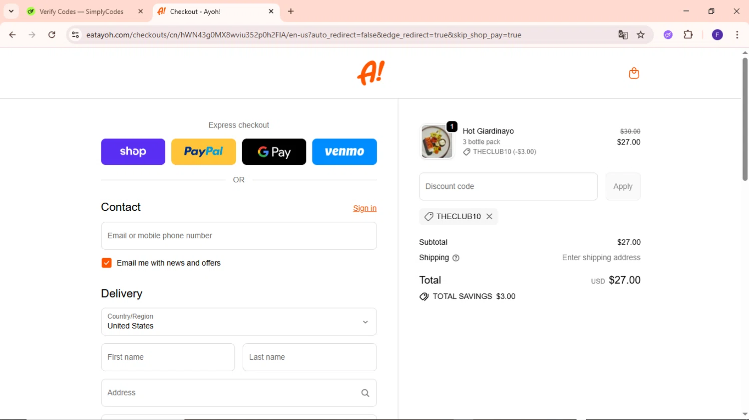 Ayoh! discount code screenshot showing code THECLUB10 applied at Ayoh! checkout page. Uploaded by SimplyCodes community member MightyCaptain635 on Oct 13, 2025
