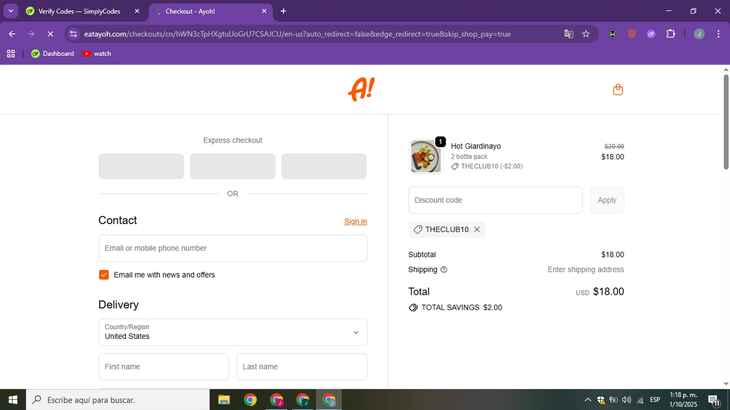 Ayoh! discount code screenshot showing code THECLUB10 applied at Ayoh! checkout page. Uploaded by SimplyCodes community member ShieldSpotter3995 on Oct 1, 2025