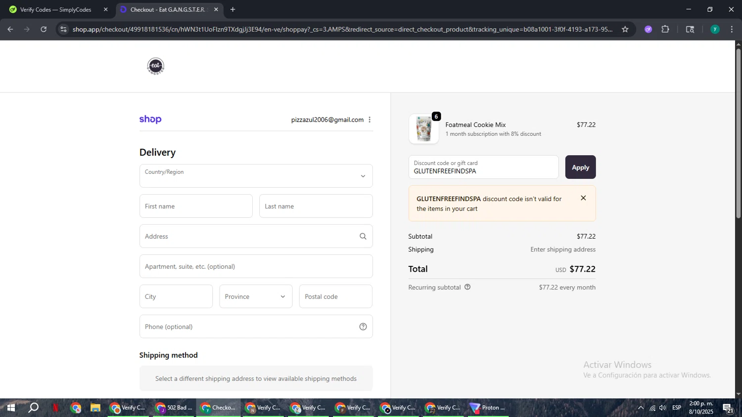 Eat G.A.N.G.S.T.E.R. coupon code screenshot showing code GLUTENFREEFINDSPA applied at Eat G.A.N.G.S.T.E.R. checkout page. Uploaded by SimplyCodes community member FrugalCaptain6906 on Oct 8, 2025