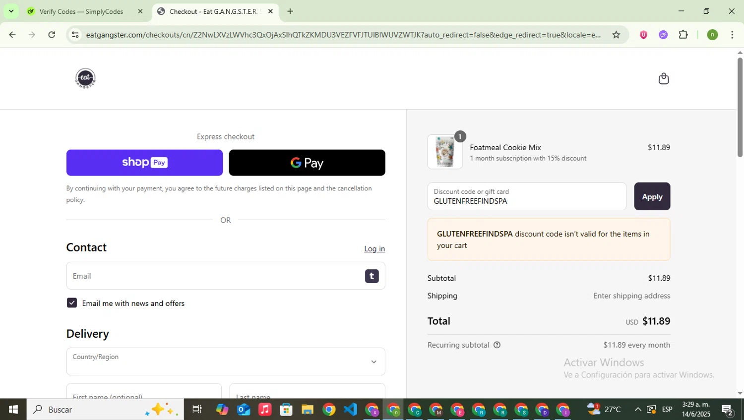 Eat G.A.N.G.S.T.E.R. coupon code screenshot showing code GLUTENFREEFINDSPA applied at Eat G.A.N.G.S.T.E.R. checkout page. Uploaded by SimplyCodes community member SwiftSaver6197 on Jun 14, 2025