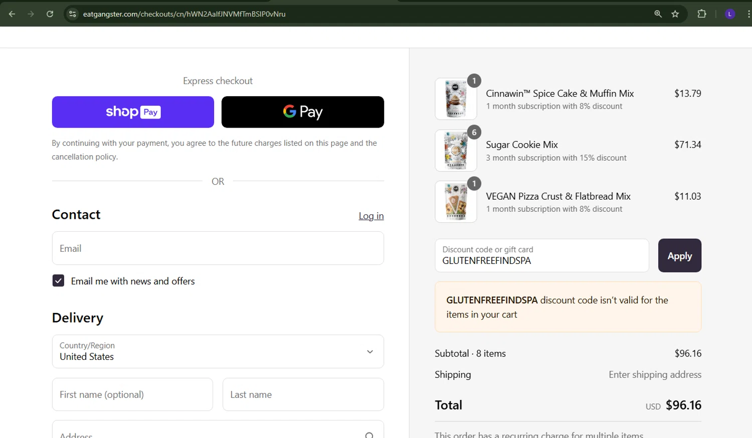 Eat G.A.N.G.S.T.E.R. coupon code screenshot showing code GLUTENFREEFINDSPA applied at Eat G.A.N.G.S.T.E.R. checkout page. Uploaded by SimplyCodes community member richard007 on Aug 24, 2025