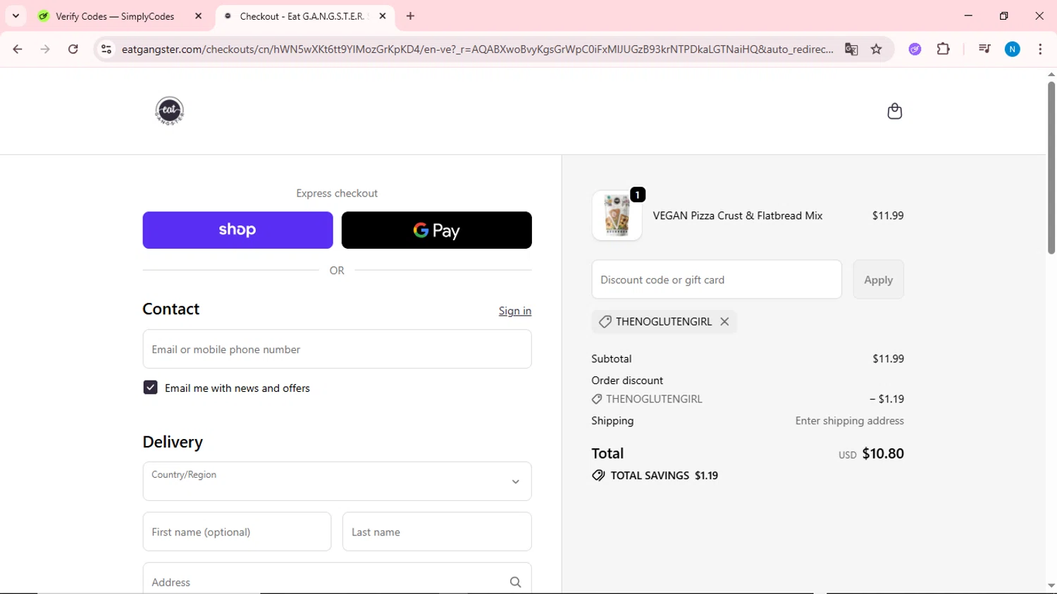 Eat G.A.N.G.S.T.E.R. coupon code screenshot showing code thenoglutengirl applied at Eat G.A.N.G.S.T.E.R. checkout page. Uploaded by SimplyCodes community member QuestOwl6398 on Dec 1, 2025
