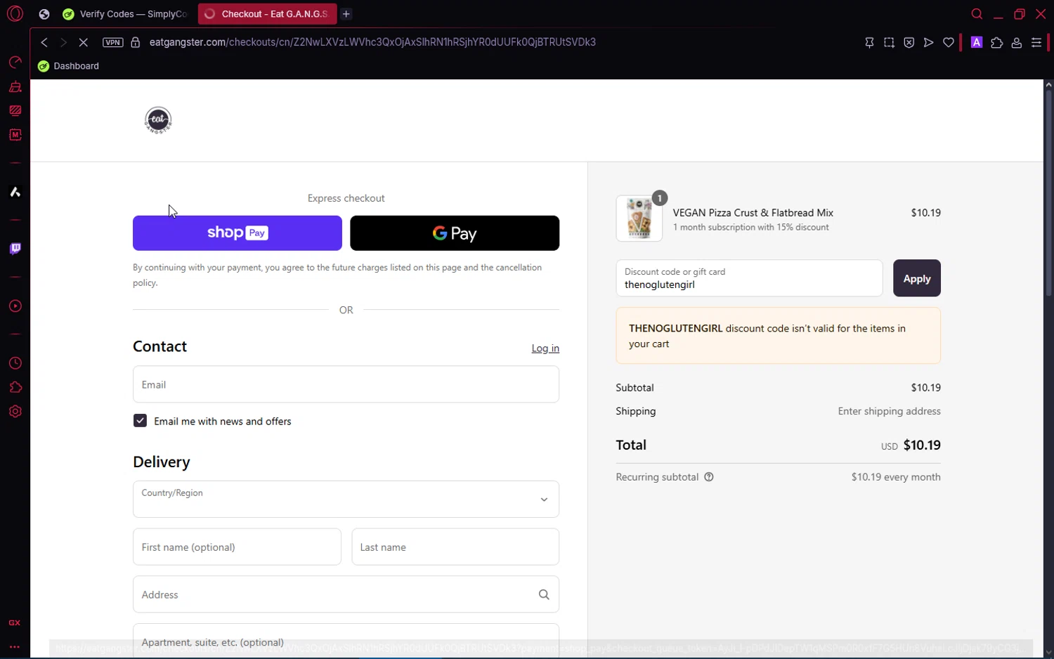 Eat G.A.N.G.S.T.E.R. coupon code screenshot showing code thenoglutengirl applied at Eat G.A.N.G.S.T.E.R. checkout page. Uploaded by SimplyCodes community member number_1 on Jun 14, 2025