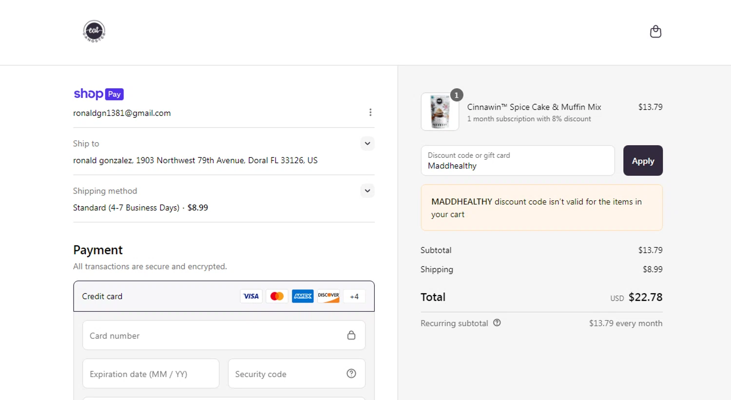 Eat G.A.N.G.S.T.E.R. coupon code screenshot showing code Maddhealthy applied at Eat G.A.N.G.S.T.E.R. checkout page. Uploaded by SimplyCodes community member Yuskeilyn20 on Jul 12, 2025