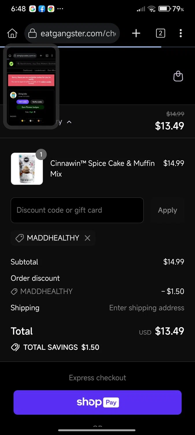 Eat G.A.N.G.S.T.E.R. coupon code screenshot showing code Maddhealthy applied at Eat G.A.N.G.S.T.E.R. checkout page. Uploaded by SimplyCodes community member cuenta03 on Jul 12, 2025