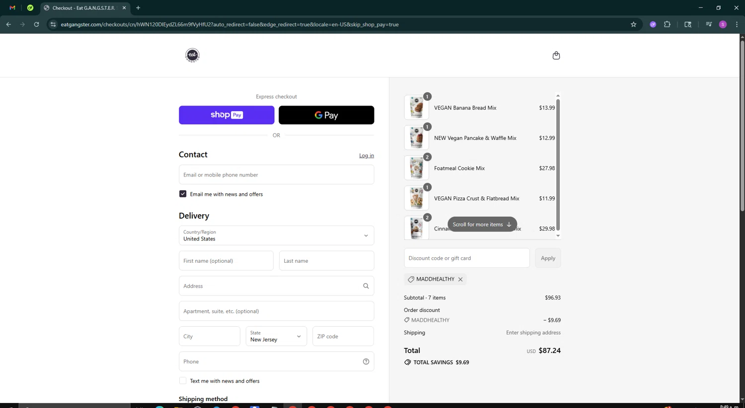 Eat G.A.N.G.S.T.E.R. coupon code screenshot showing code Maddhealthy applied at Eat G.A.N.G.S.T.E.R. checkout page. Uploaded by SimplyCodes community member tinkle_tinkle on Jul 25, 2025