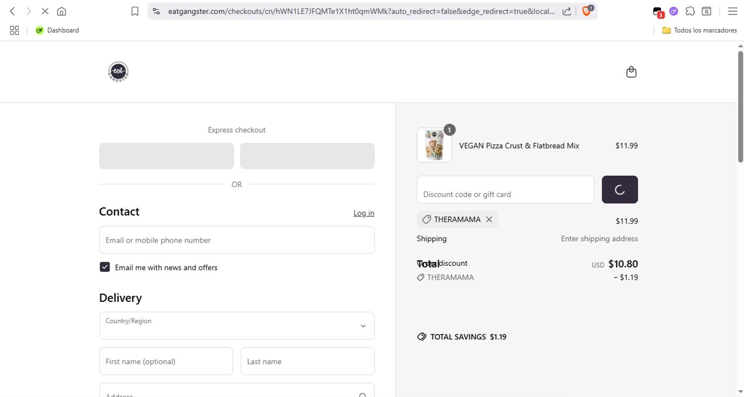 Eat G.A.N.G.S.T.E.R. coupon code screenshot showing code Theramama applied at Eat G.A.N.G.S.T.E.R. checkout page. Uploaded by SimplyCodes community member Fabio05 on Aug 2, 2025