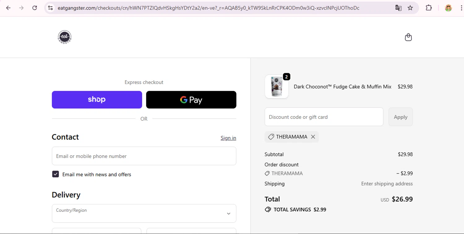 Eat G.A.N.G.S.T.E.R. coupon code screenshot showing code Theramama applied at Eat G.A.N.G.S.T.E.R. checkout page. Uploaded by SimplyCodes community member laurachirinos on Jan 9, 2026