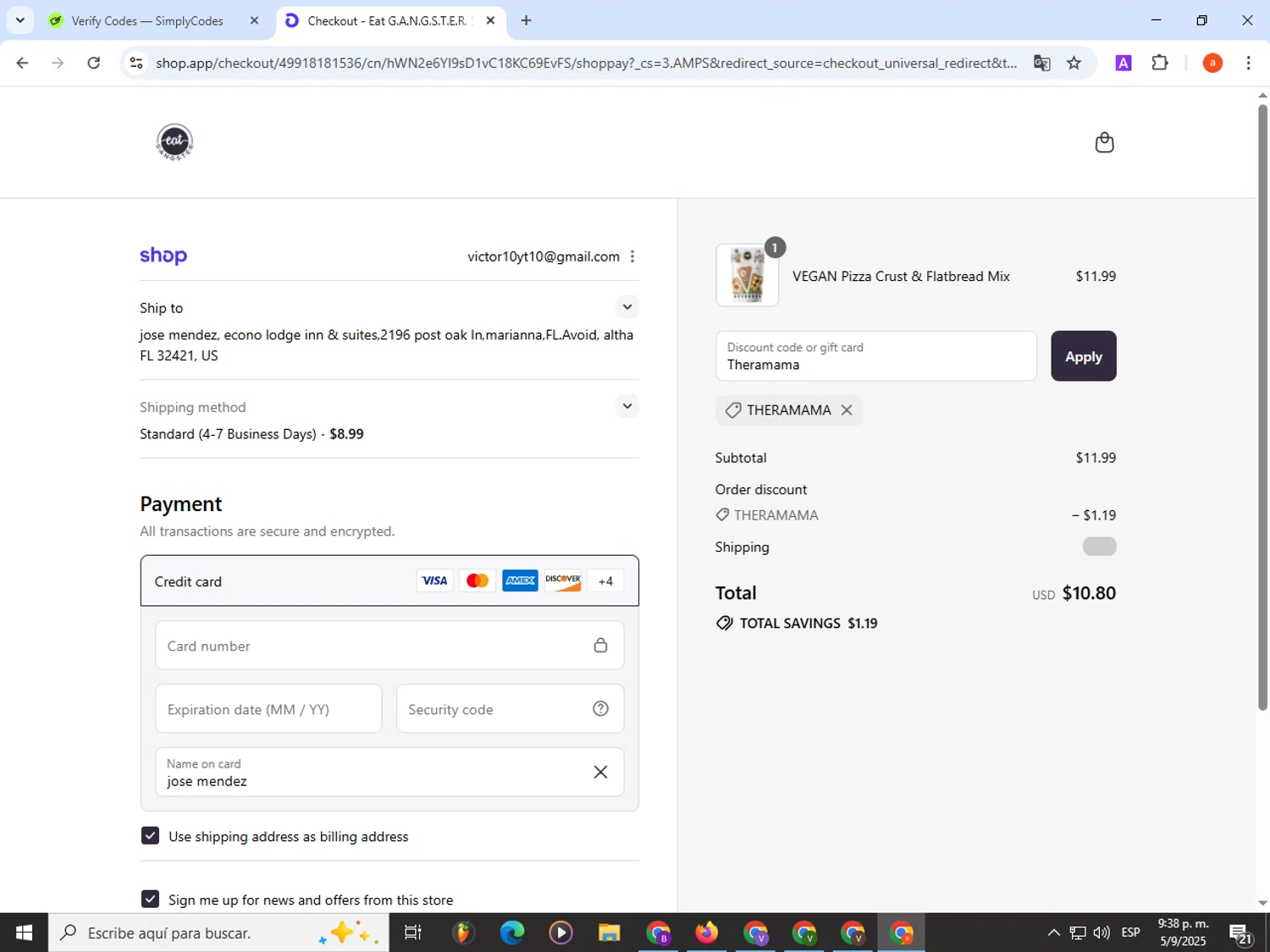 Eat G.A.N.G.S.T.E.R. coupon code screenshot showing code Theramama applied at Eat G.A.N.G.S.T.E.R. checkout page. Uploaded by SimplyCodes community member partenalgas on Sep 6, 2025