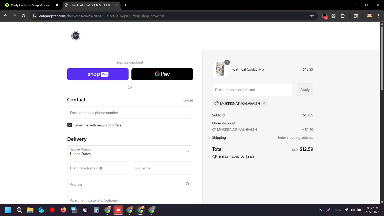 Eat G.A.N.G.S.T.E.R. coupon code screenshot showing code Morrisnaturalhealth applied at Eat G.A.N.G.S.T.E.R. checkout page. Uploaded by SimplyCodes community member ArizaJuan on Jul 21, 2025