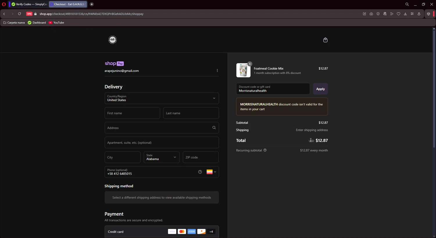 Eat G.A.N.G.S.T.E.R. coupon code screenshot showing code Morrisnaturalhealth applied at Eat G.A.N.G.S.T.E.R. checkout page. Uploaded by SimplyCodes community member CoinMaestro864 on Jul 21, 2025