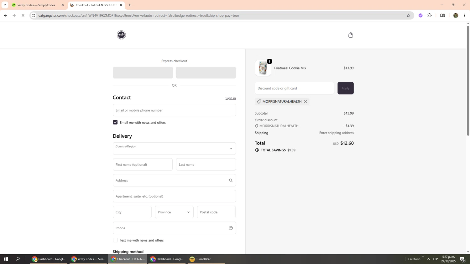 Eat G.A.N.G.S.T.E.R. coupon code screenshot showing code Morrisnaturalhealth applied at Eat G.A.N.G.S.T.E.R. checkout page. Uploaded by SimplyCodes community member Phoenix585 on Oct 24, 2025