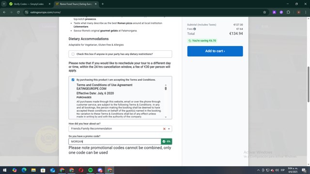 Eating Europe checkout page showing Eating Europe promo code box | Screenshot taken by SimplyCodes community member on Jun 4, 2025