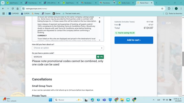 Eating Europe checkout page showing Eating Europe promo code box | Screenshot taken by SimplyCodes community member on Jun 4, 2025