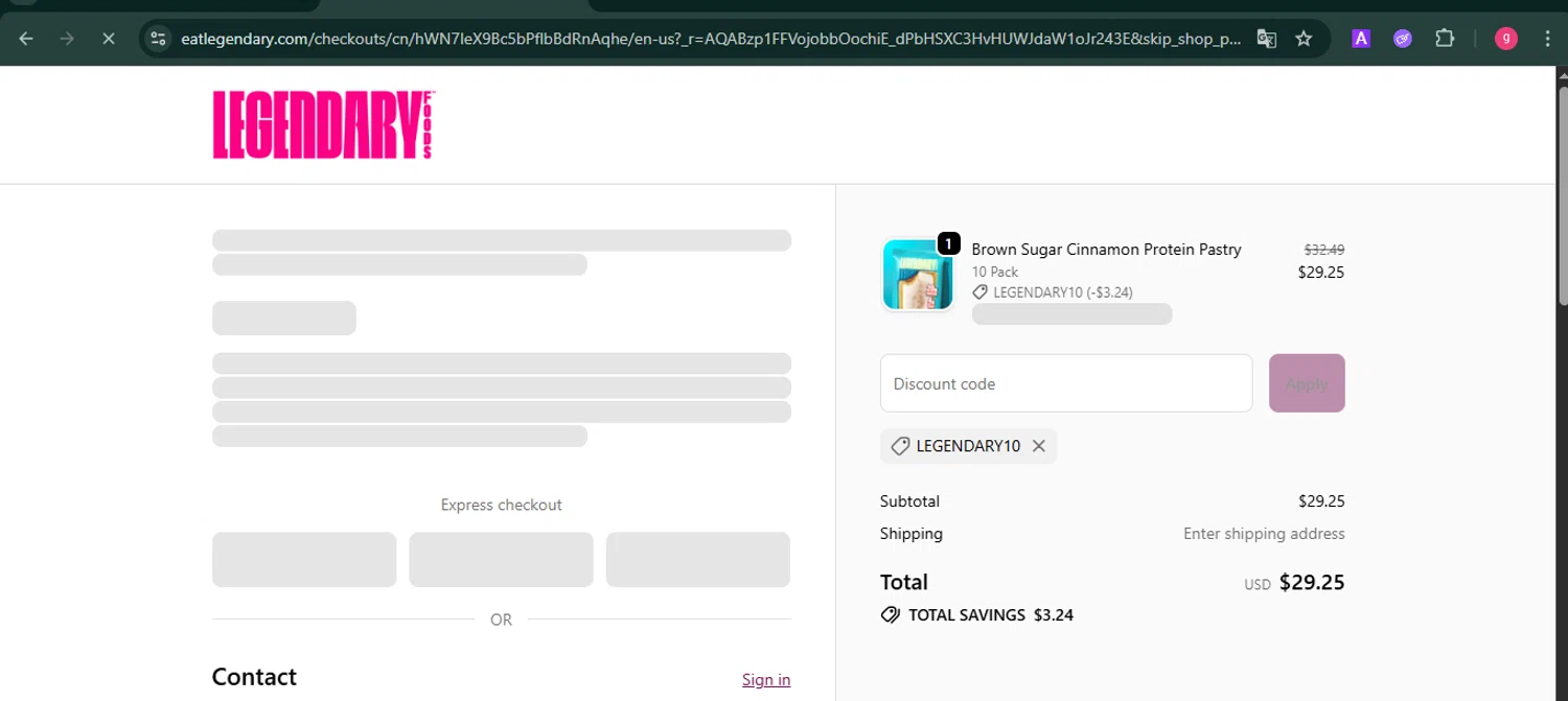 Legendary Foods checkout page showing Legendary Foods discount code box | Screenshot taken by SimplyCodes community member on Jan 6, 2026
