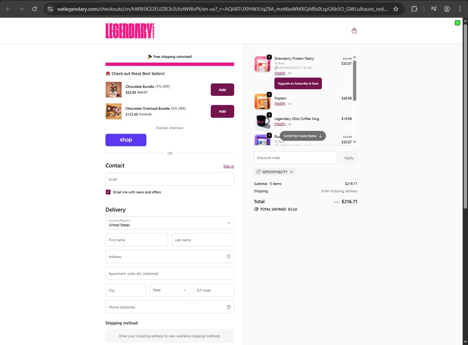 Legendary Foods discount code screenshot showing code KETOINTHECITY applied at Legendary Foods checkout page. Uploaded by SimplyCodes community member artritis on Nov 15, 2025