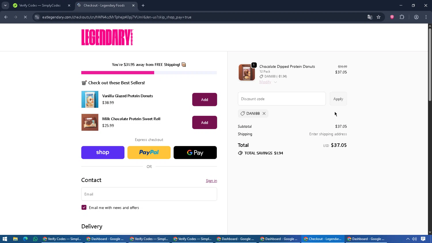 Legendary Foods discount code screenshot showing code DANI88 applied at Legendary Foods checkout page. Uploaded by SimplyCodes community member PromoScout8746 on Oct 28, 2025