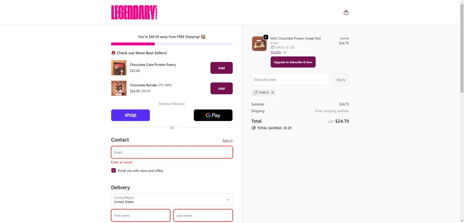 Legendary Foods discount code screenshot showing code SHR10 applied at Legendary Foods checkout page. Uploaded by SimplyCodes community member PromoSeeker7158 on Oct 28, 2025
