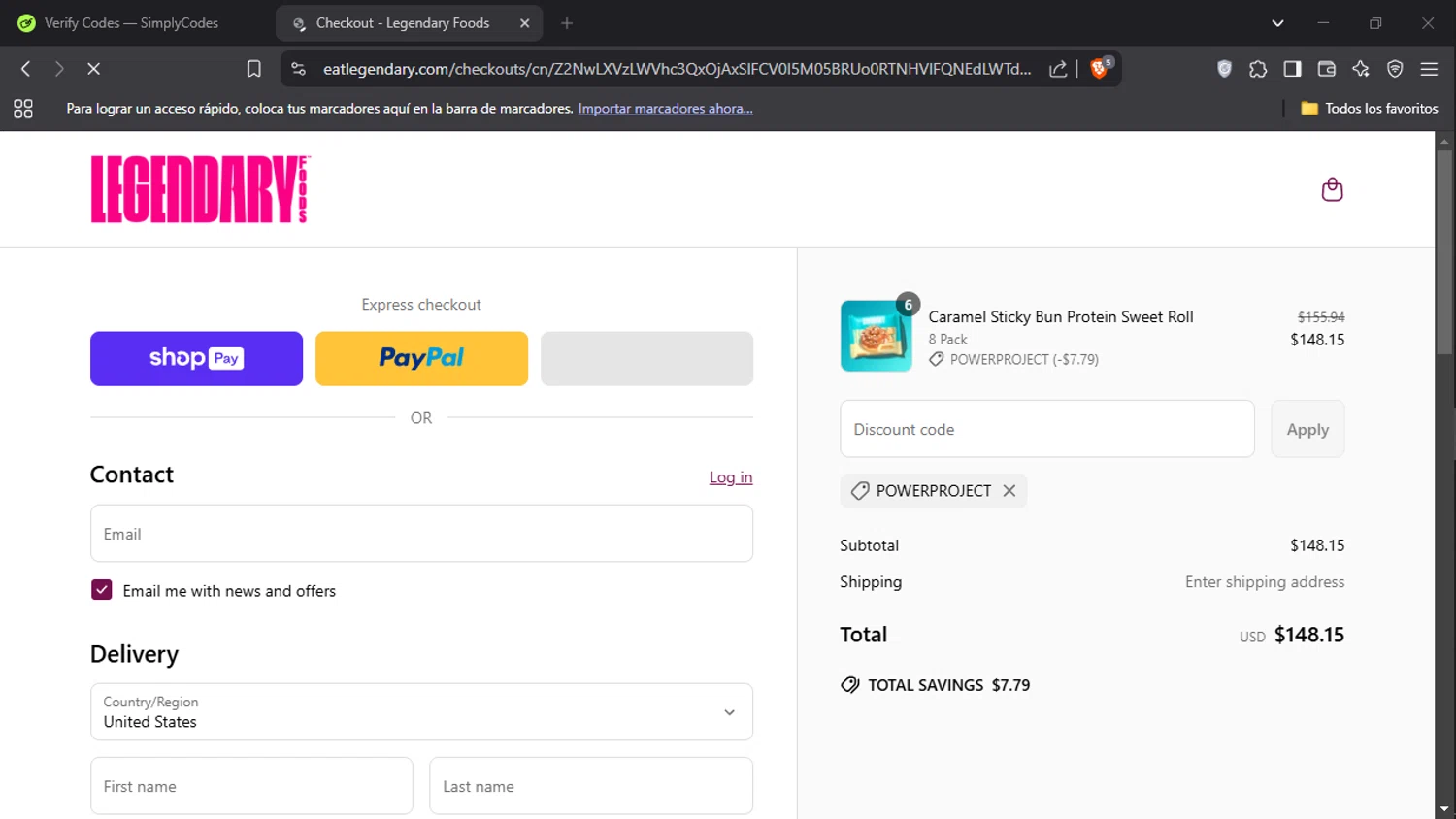 Legendary Foods discount code screenshot showing code POWERPROJECT applied at Legendary Foods checkout page. Uploaded by SimplyCodes community member Gyutaro on Mar 27, 2025