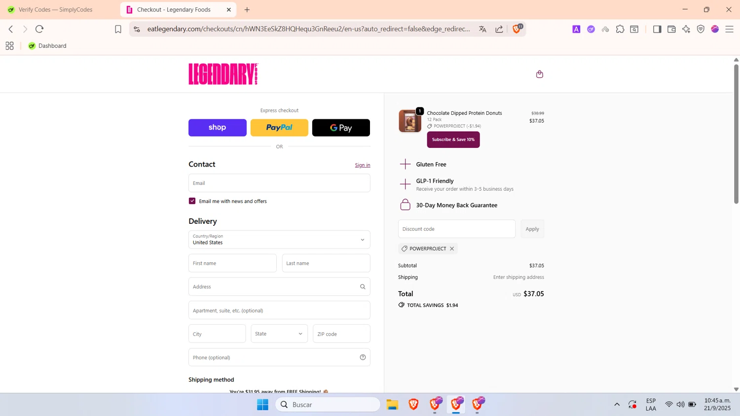 Legendary Foods discount code screenshot showing code POWERPROJECT applied at Legendary Foods checkout page. Uploaded by SimplyCodes community member WonderHawk4190 on Sep 21, 2025