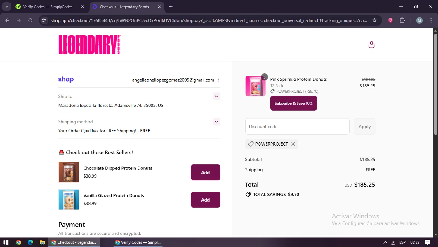 Legendary Foods discount code screenshot showing code POWERPROJECT applied at Legendary Foods checkout page. Uploaded by SimplyCodes community member maraxo on Aug 31, 2025