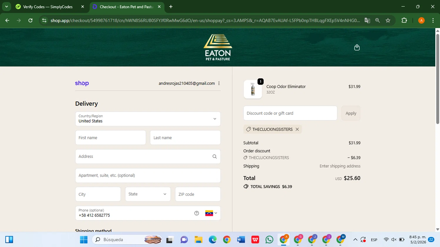 Eaton Pet and Pasture checkout page showing Eaton Pet and Pasture discount code box | Screenshot taken by SimplyCodes community member on Feb 6, 2026