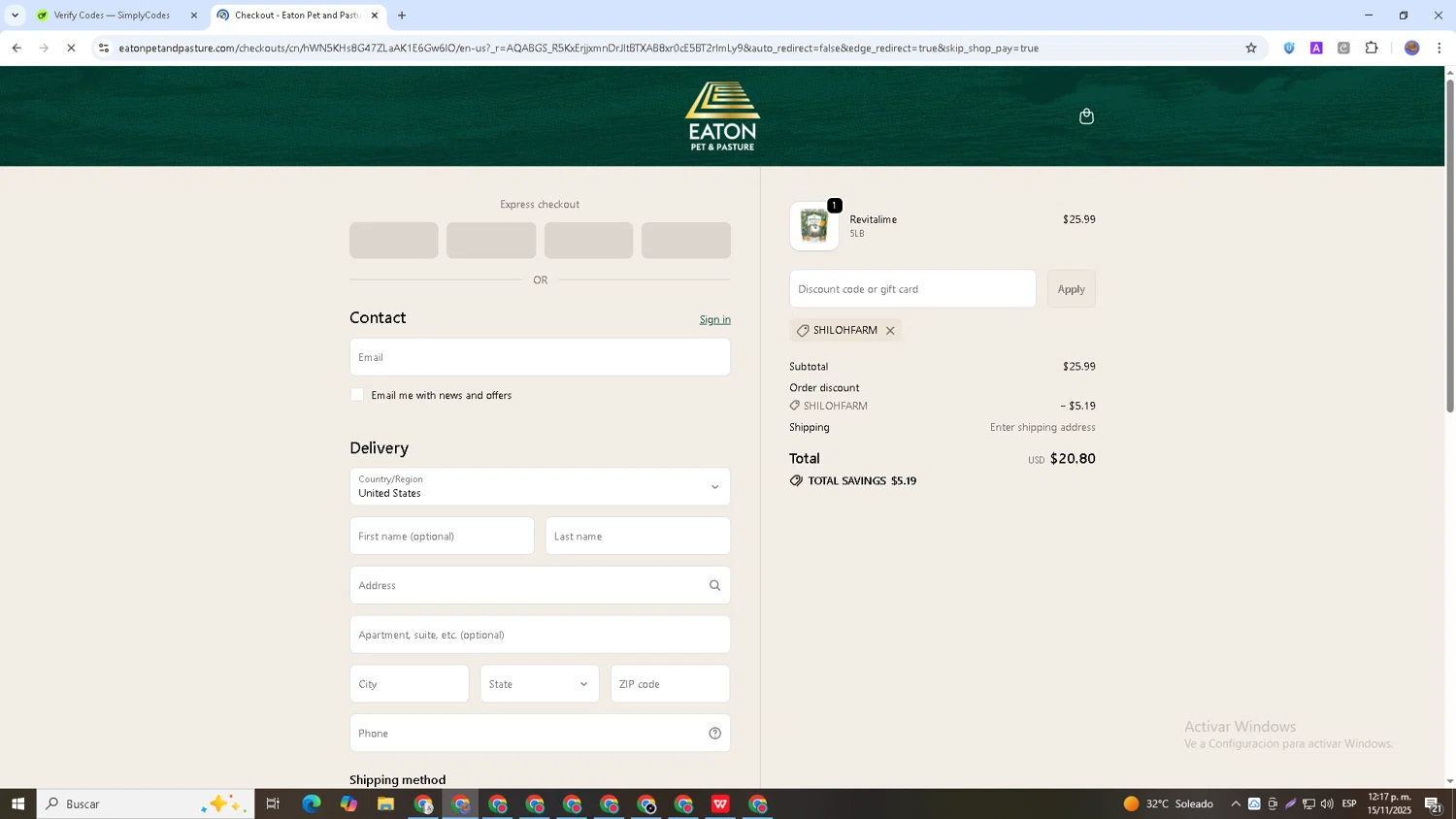 Eaton Pet and Pasture discount code screenshot showing code Shilohfarm applied at Eaton Pet and Pasture checkout page. Uploaded by SimplyCodes community member Papotico on Nov 15, 2025