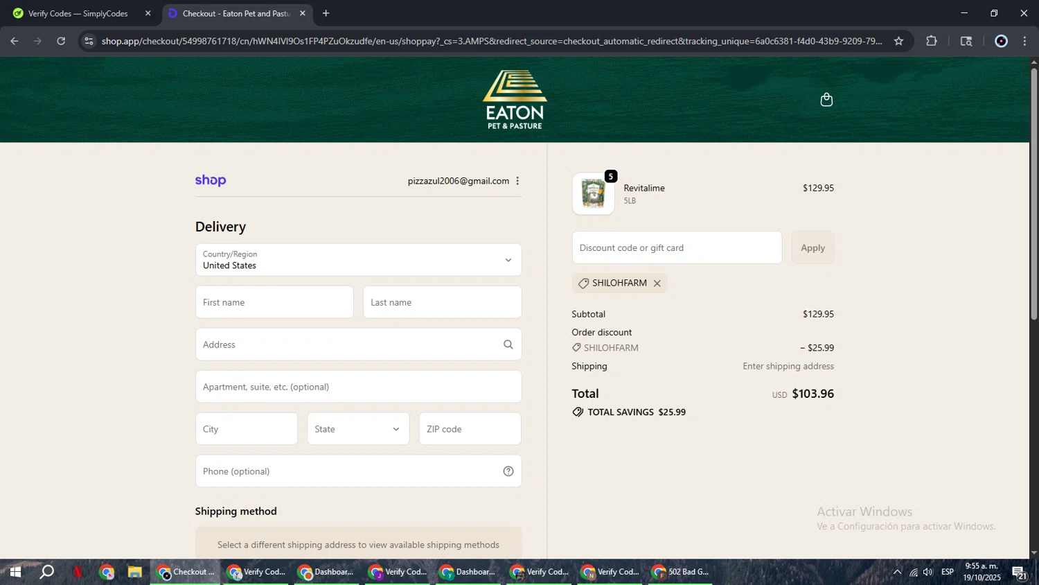Eaton Pet and Pasture discount code screenshot showing code Shilohfarm applied at Eaton Pet and Pasture checkout page. Uploaded by SimplyCodes community member RoyalBoss4384 on Oct 19, 2025