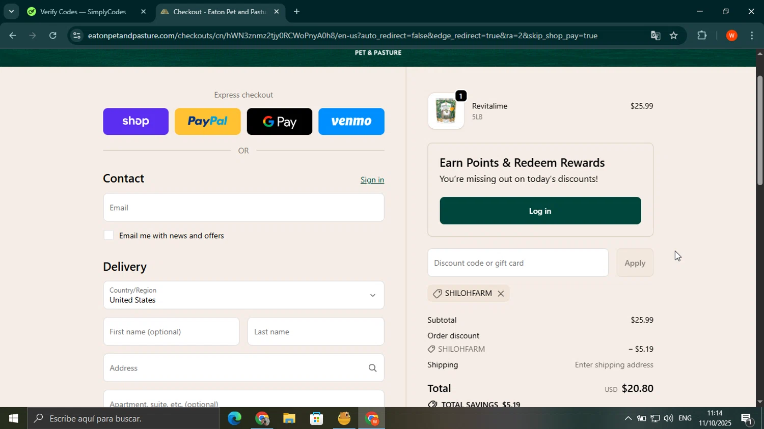 Eaton Pet and Pasture discount code screenshot showing code Shilohfarm applied at Eaton Pet and Pasture checkout page. Uploaded by SimplyCodes community member wilferji on Oct 11, 2025