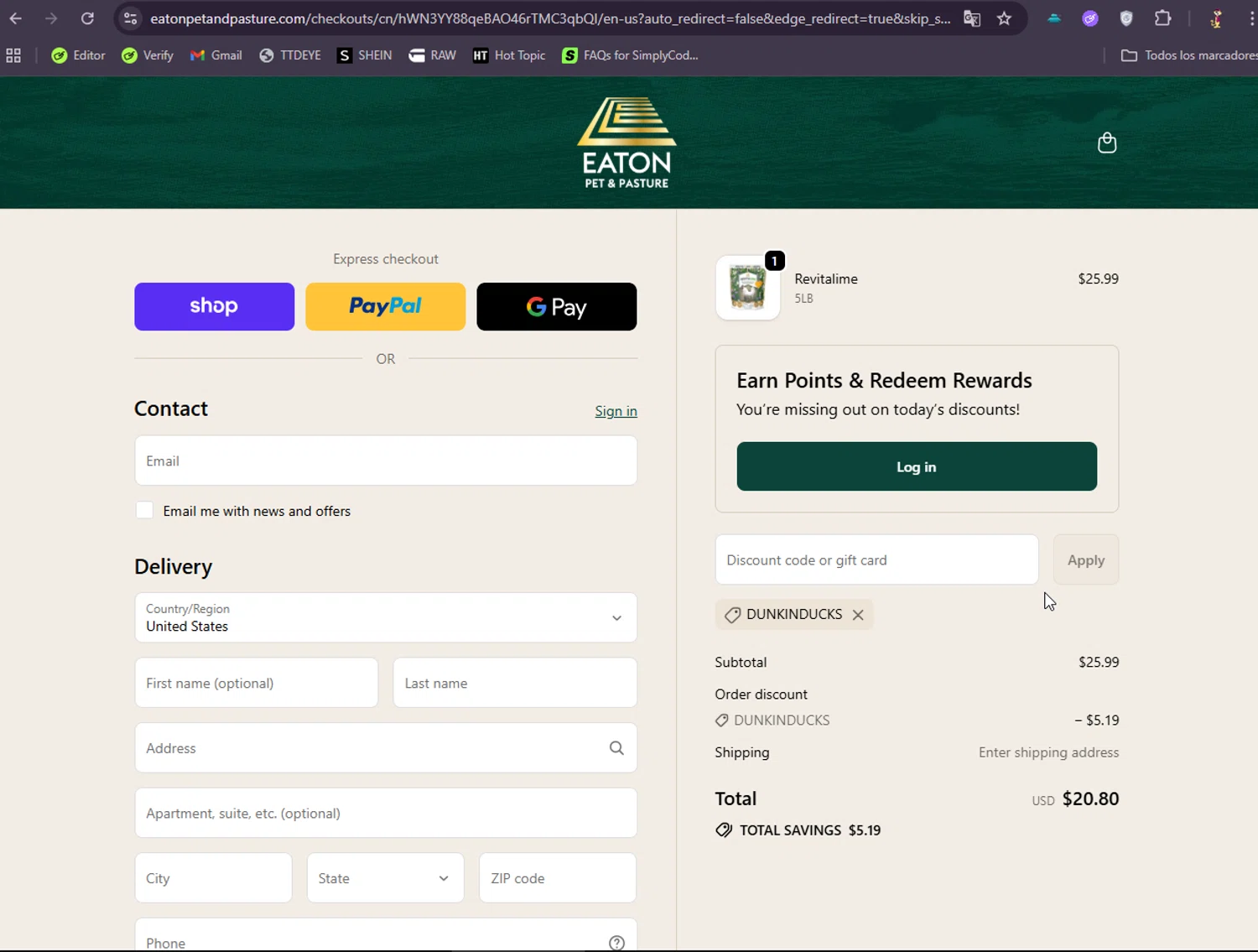 Eaton Pet and Pasture discount code screenshot showing code Dunkinducks applied at Eaton Pet and Pasture checkout page. Uploaded by SimplyCodes community member DonGato on Sep 30, 2025
