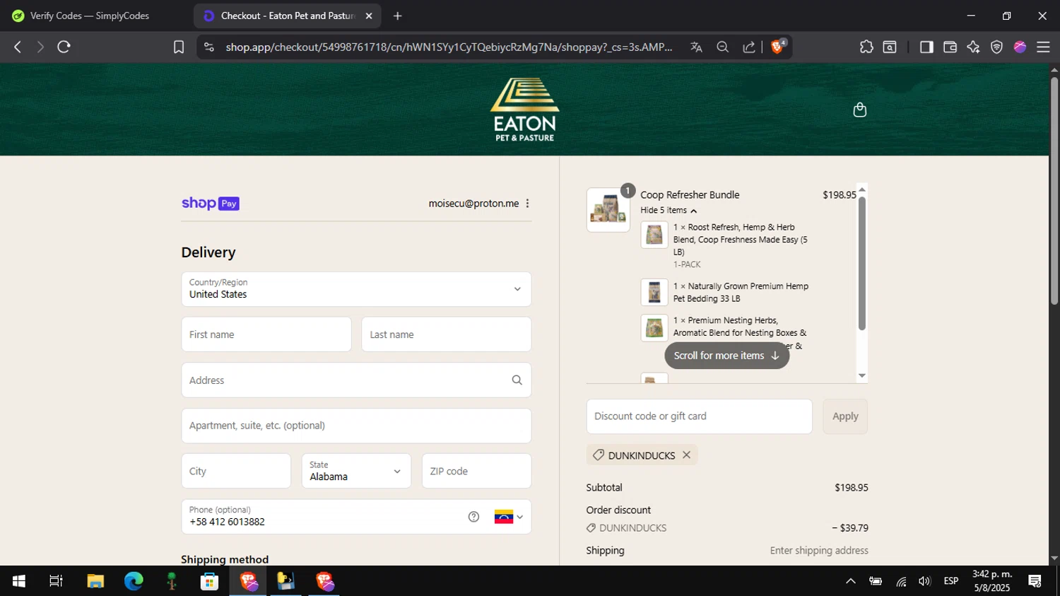 Eaton Pet and Pasture discount code screenshot showing code Dunkinducks applied at Eaton Pet and Pasture checkout page. Uploaded by SimplyCodes community member Pitochu on Aug 5, 2025