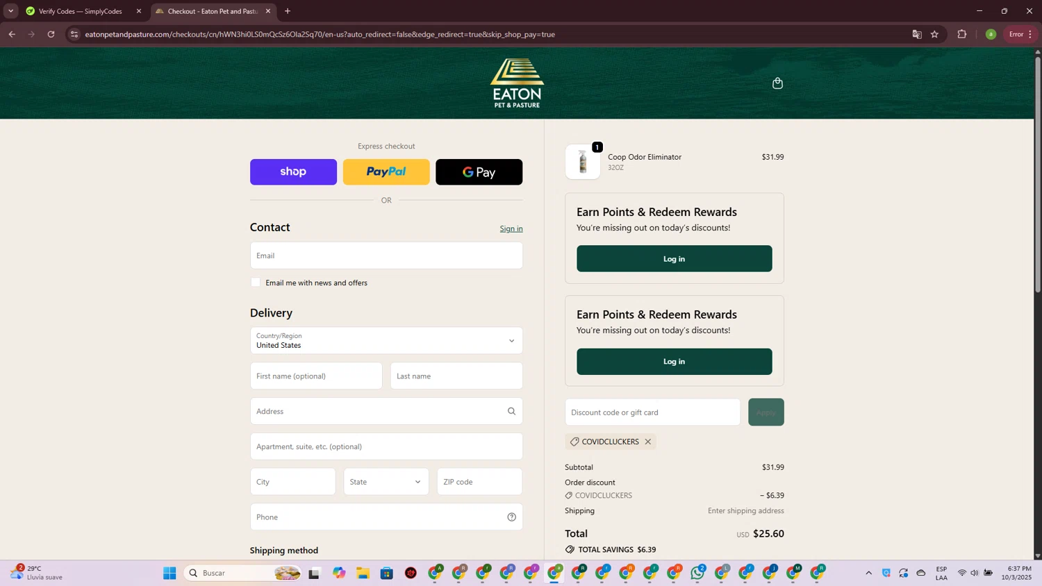 Eaton Pet and Pasture discount code screenshot showing code Covidcluckers applied at Eaton Pet and Pasture checkout page. Uploaded by SimplyCodes community member DiscountSpotter1028 on Oct 3, 2025