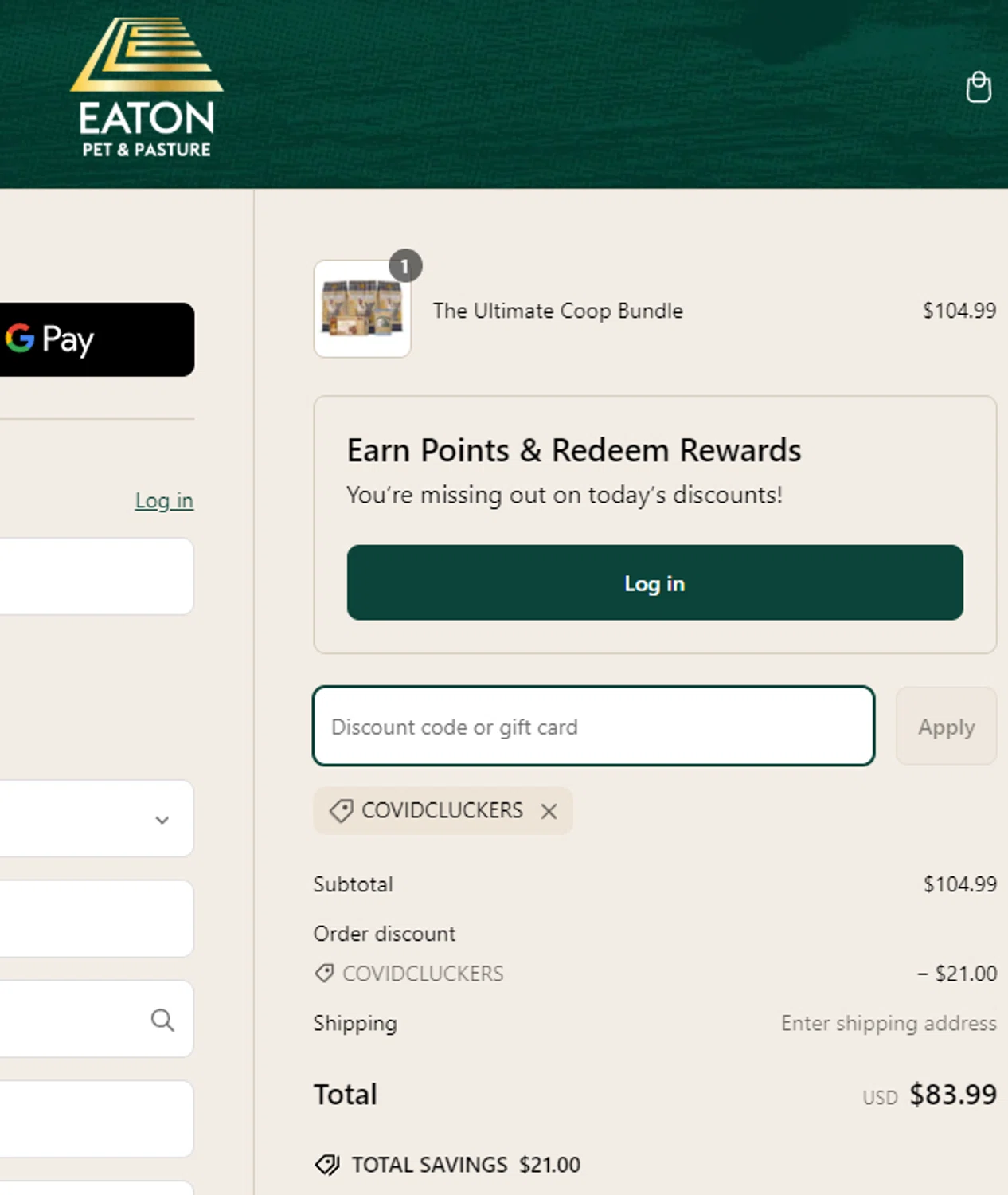 Eaton Pet and Pasture discount code screenshot showing code Covidcluckers applied at Eaton Pet and Pasture checkout page. Uploaded by SimplyCodes community member NobleOwl1768 on Mar 7, 2025