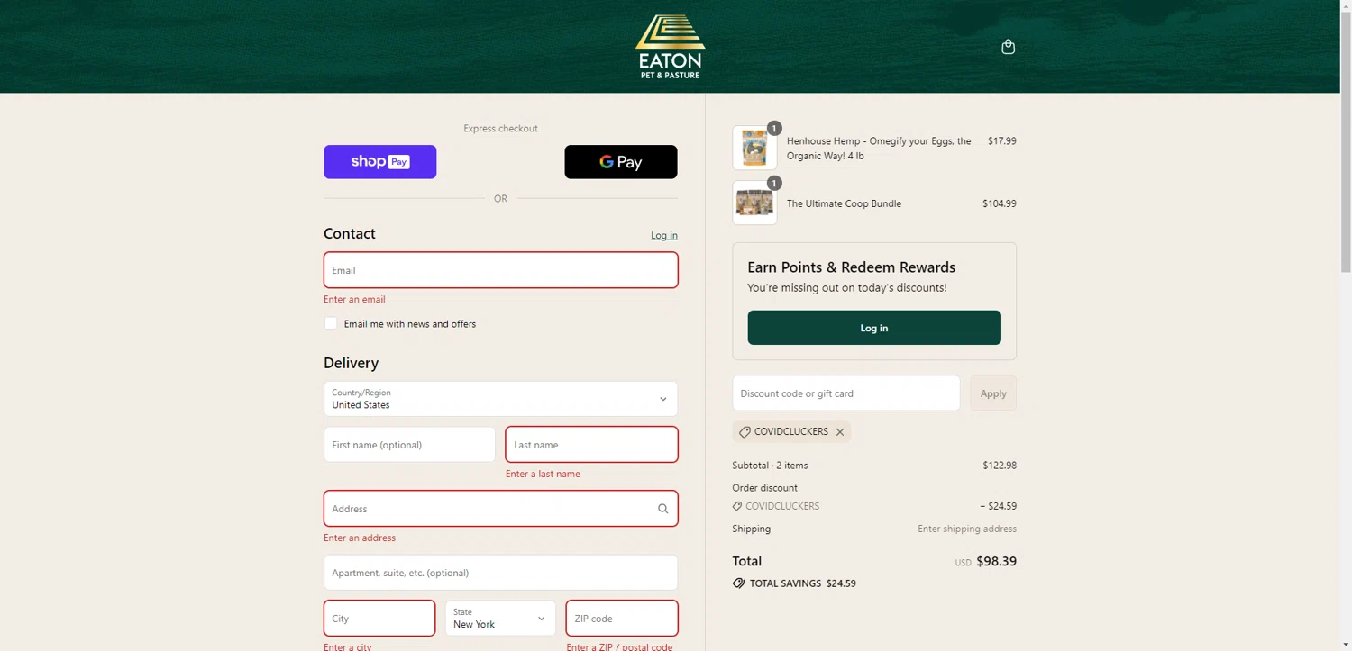 Eaton Pet and Pasture discount code screenshot showing code Covidcluckers applied at Eaton Pet and Pasture checkout page. Uploaded by SimplyCodes community member SilverChaser3269 on Aug 1, 2025