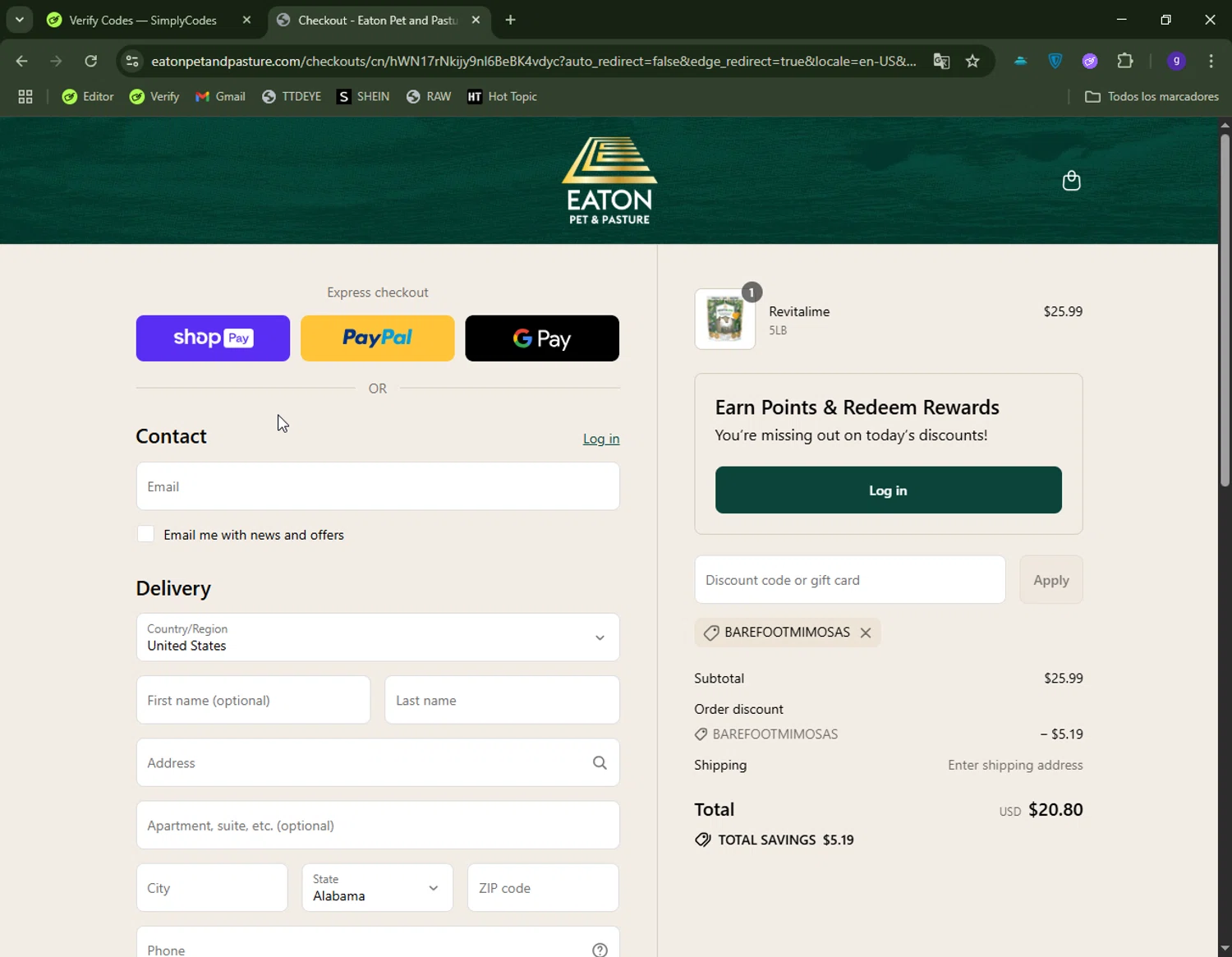 Eaton Pet and Pasture discount code screenshot showing code Barefootmimosas applied at Eaton Pet and Pasture checkout page. Uploaded by SimplyCodes community member CapitanCentella on Jul 28, 2025