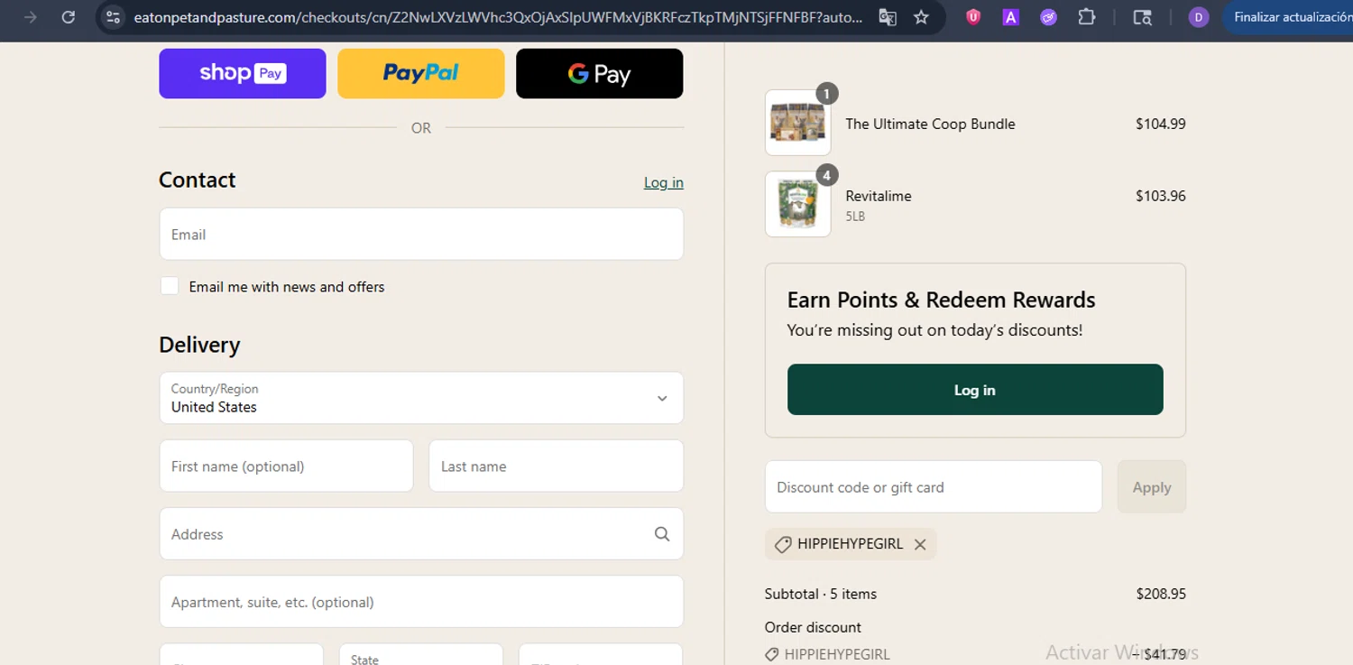 Eaton Pet and Pasture discount code screenshot showing code hippiehypegirl applied at Eaton Pet and Pasture checkout page. Uploaded by SimplyCodes community member ShieldCurator2100 on Jul 28, 2025