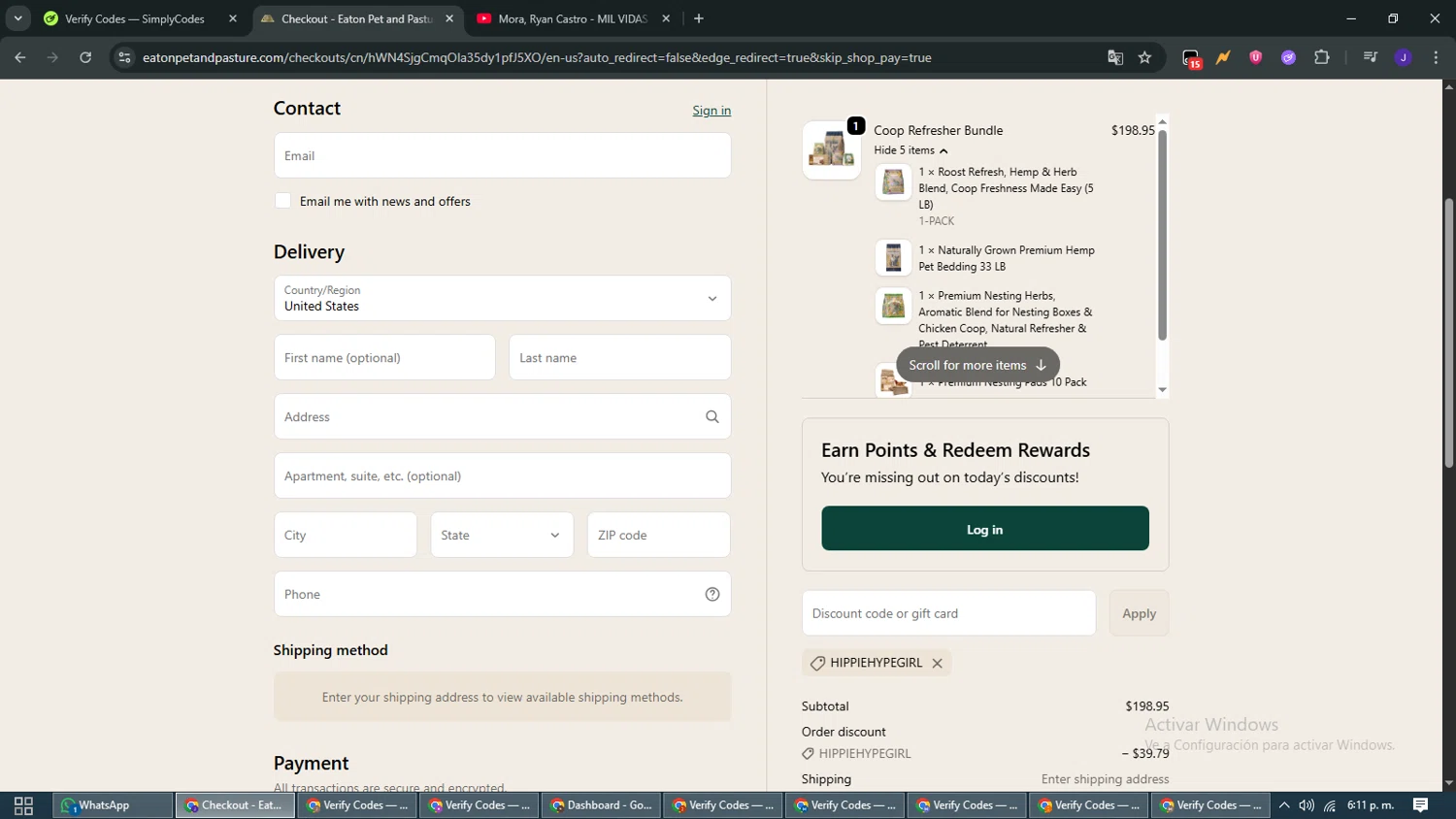 Eaton Pet and Pasture discount code screenshot showing code hippiehypegirl applied at Eaton Pet and Pasture checkout page. Uploaded by SimplyCodes community member WiseMaven9968 on Oct 23, 2025