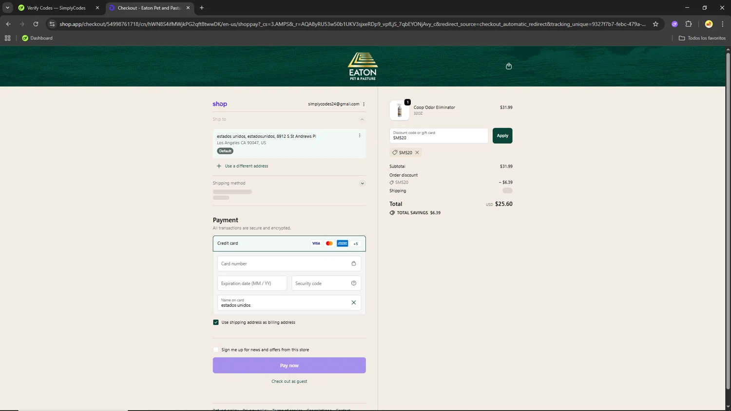 Eaton Pet and Pasture checkout page showing Eaton Pet and Pasture discount code box | Screenshot taken by SimplyCodes community member on Feb 6, 2026
