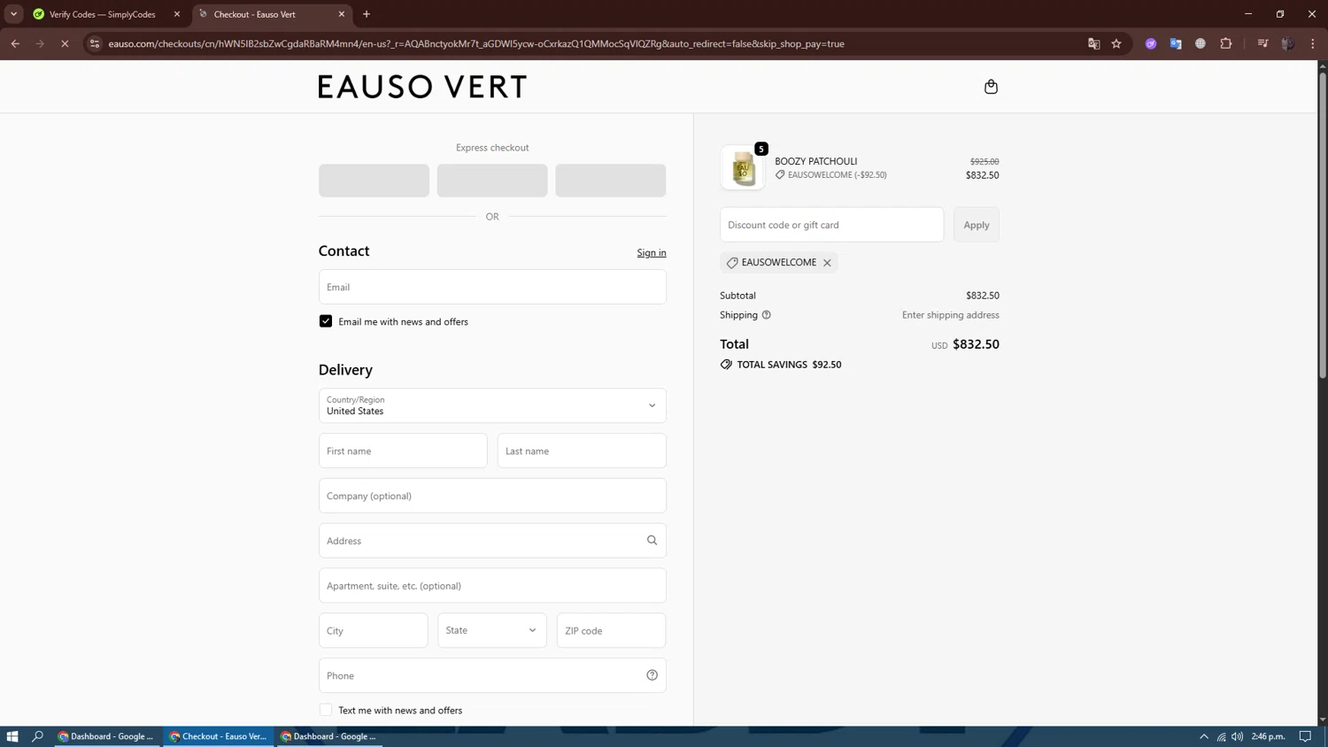 Eauso Vert promo code screenshot showing code EAUSOWELCOME applied at Eauso Vert checkout page. Uploaded by SimplyCodes community member dennygomez on Nov 14, 2025