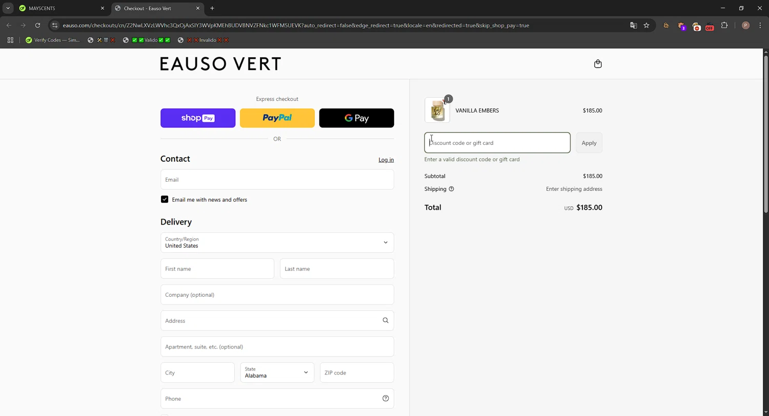 Eauso Vert promo code screenshot showing code MAYSCENTS applied at Eauso Vert checkout page. Uploaded by SimplyCodes community member CrownPro3073 on May 14, 2025