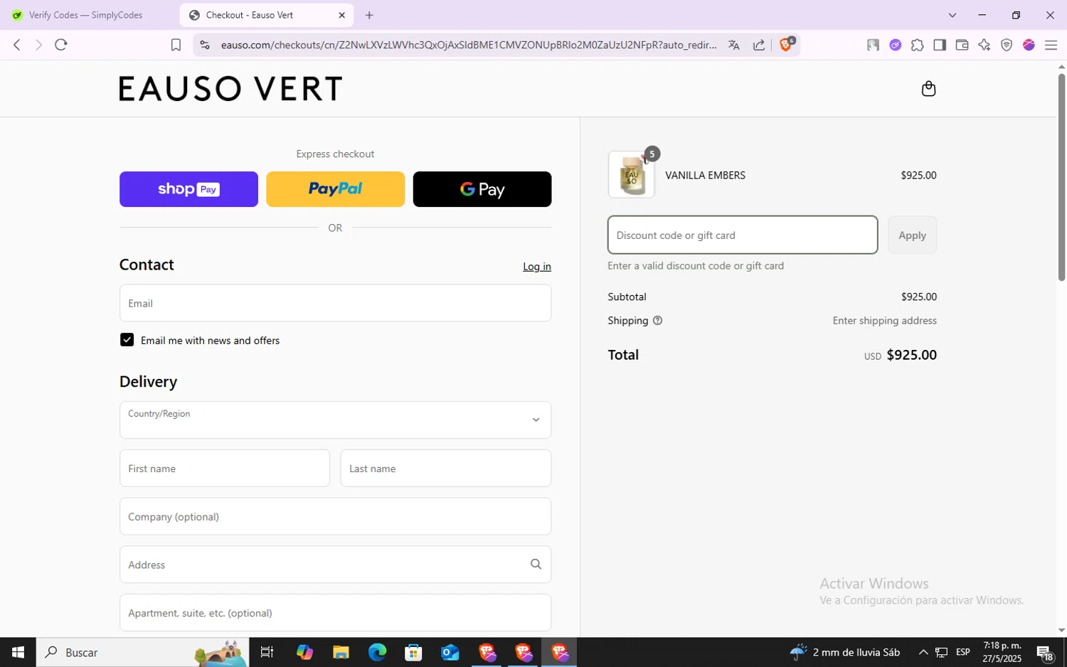 Eauso Vert promo code screenshot showing code AWARDS20 applied at Eauso Vert checkout page. Uploaded by SimplyCodes community member VoucherSpotter6910 on May 27, 2025