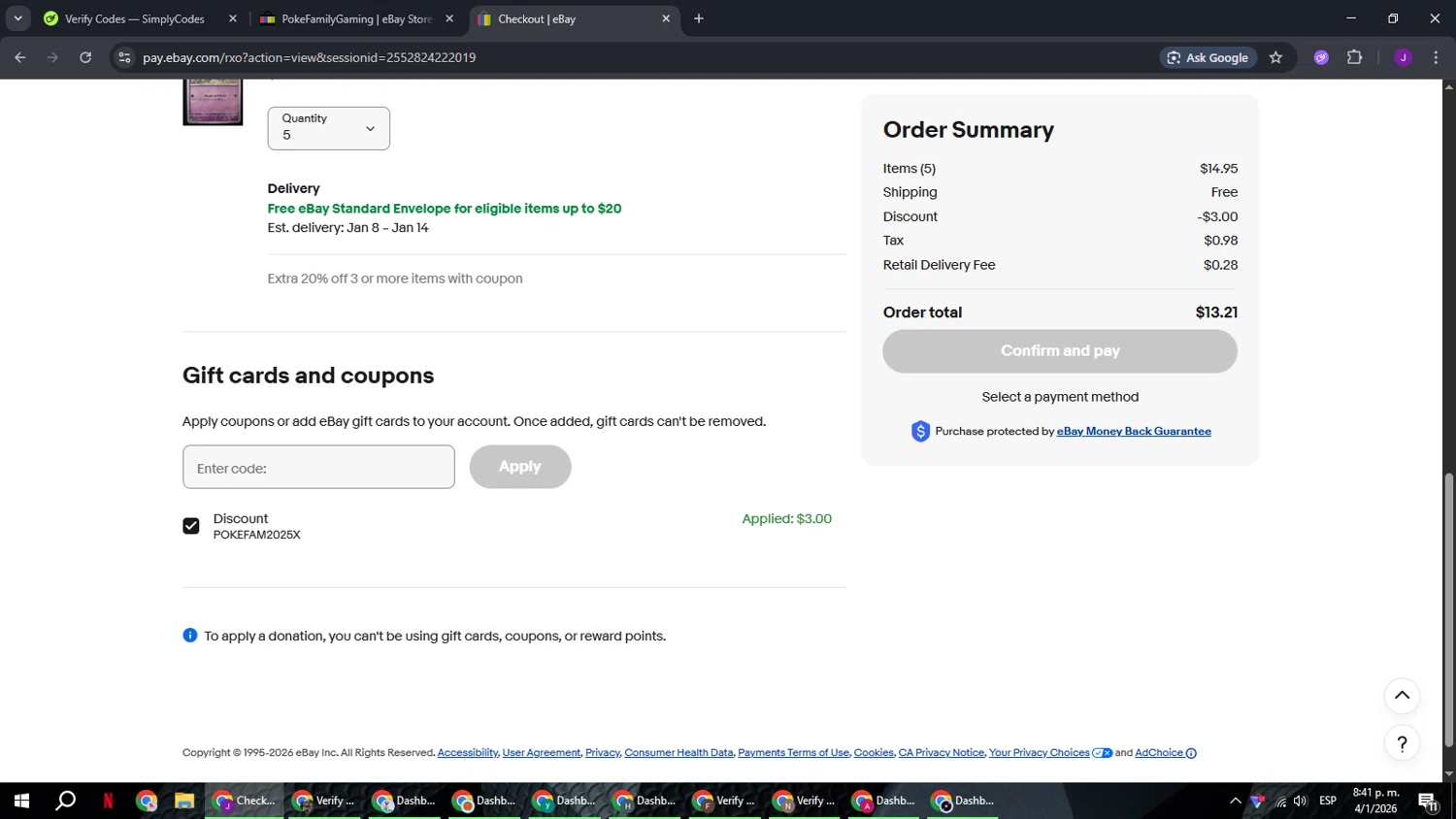 eBay promo code screenshot showing code POKEFAM2025X applied at eBay checkout page. Uploaded by SimplyCodes community member ComeBurra123 on Jan 5, 2026