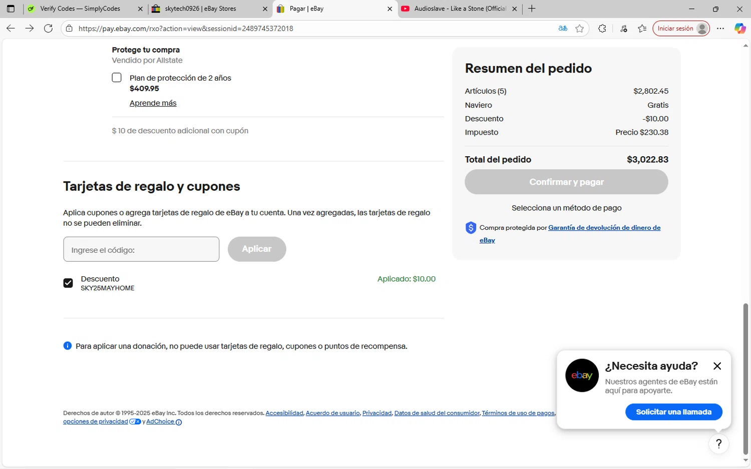 eBay coupon code screenshot showing code SKY25MAYHOME applied at eBay checkout page. Uploaded by SimplyCodes community member SavvyWizard7346 on Aug 29, 2025