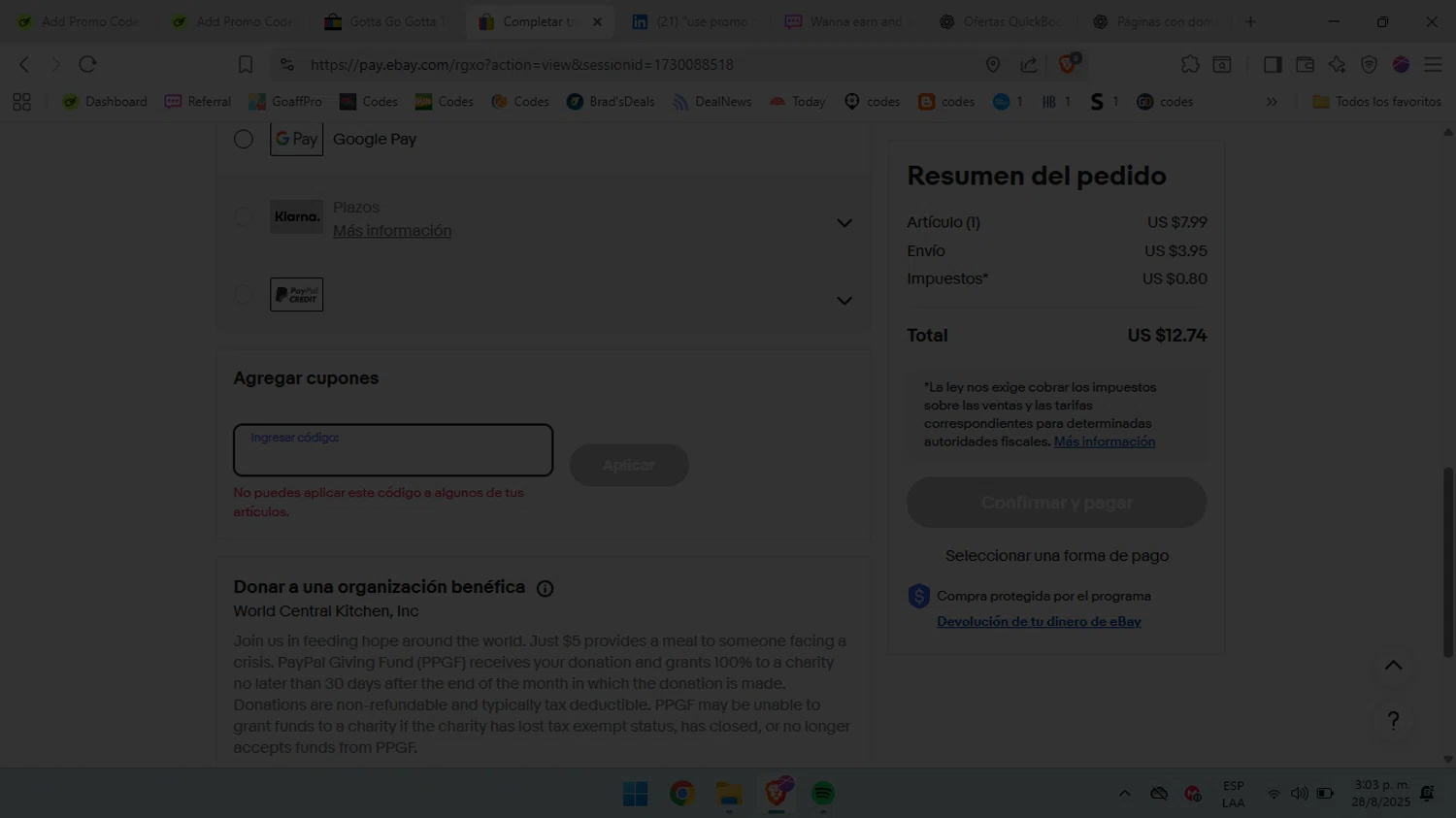 eBay coupon code screenshot showing code GOTTASAVE20 applied at eBay checkout page. Uploaded by SimplyCodes community member BabaYaga on Aug 28, 2025