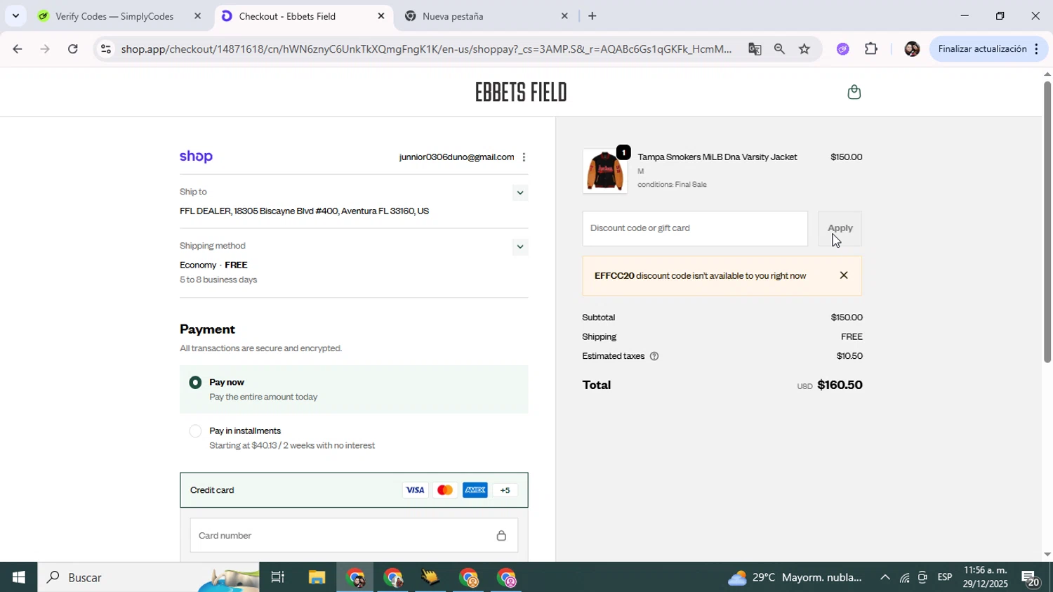 Ebbets Field Flannels discount code screenshot showing code effcc20 applied at Ebbets Field Flannels checkout page. Uploaded by SimplyCodes community member Junniorduno on Dec 29, 2025