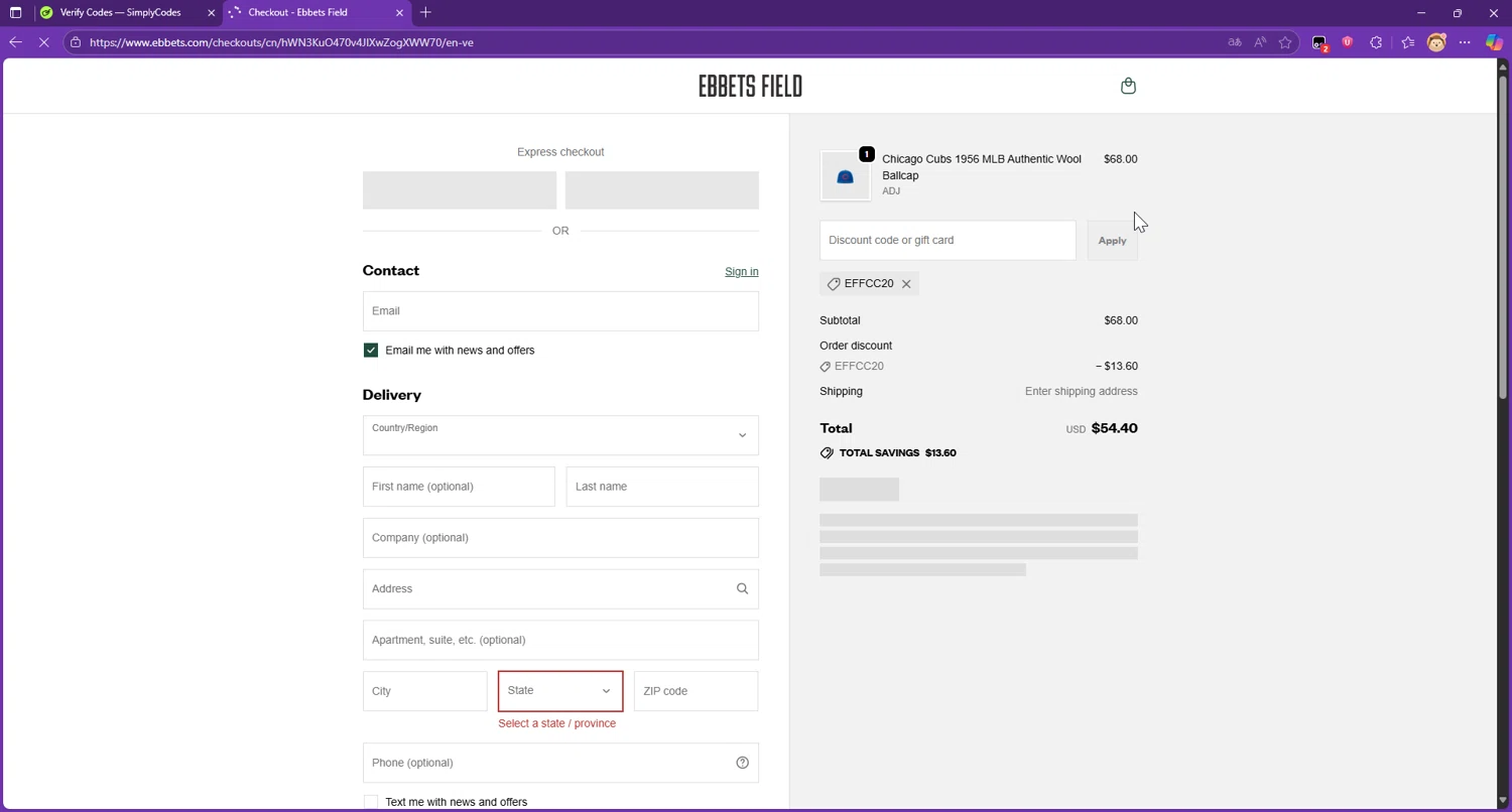 Ebbets Field Flannels discount code screenshot showing code effcc20 applied at Ebbets Field Flannels checkout page. Uploaded by SimplyCodes community member Raibelys_18 on Sep 24, 2025